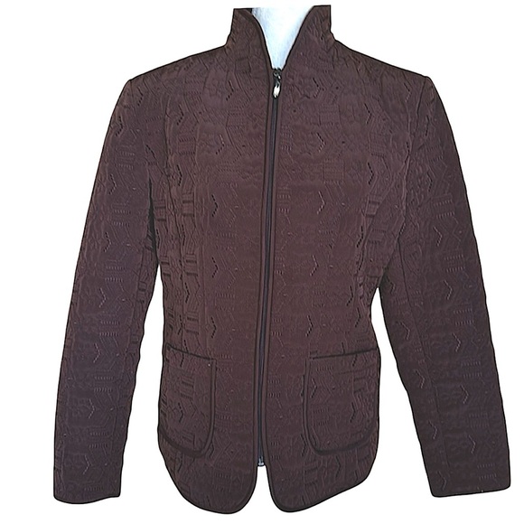 Gallery Brown Bomber Jacket Quilted Design Mandarin Collar Zip Front Sz M - Picture 1 of 13
